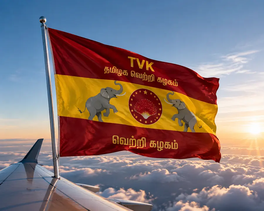 Tvk thamizhalaga vetri kalgam flag flying on flight