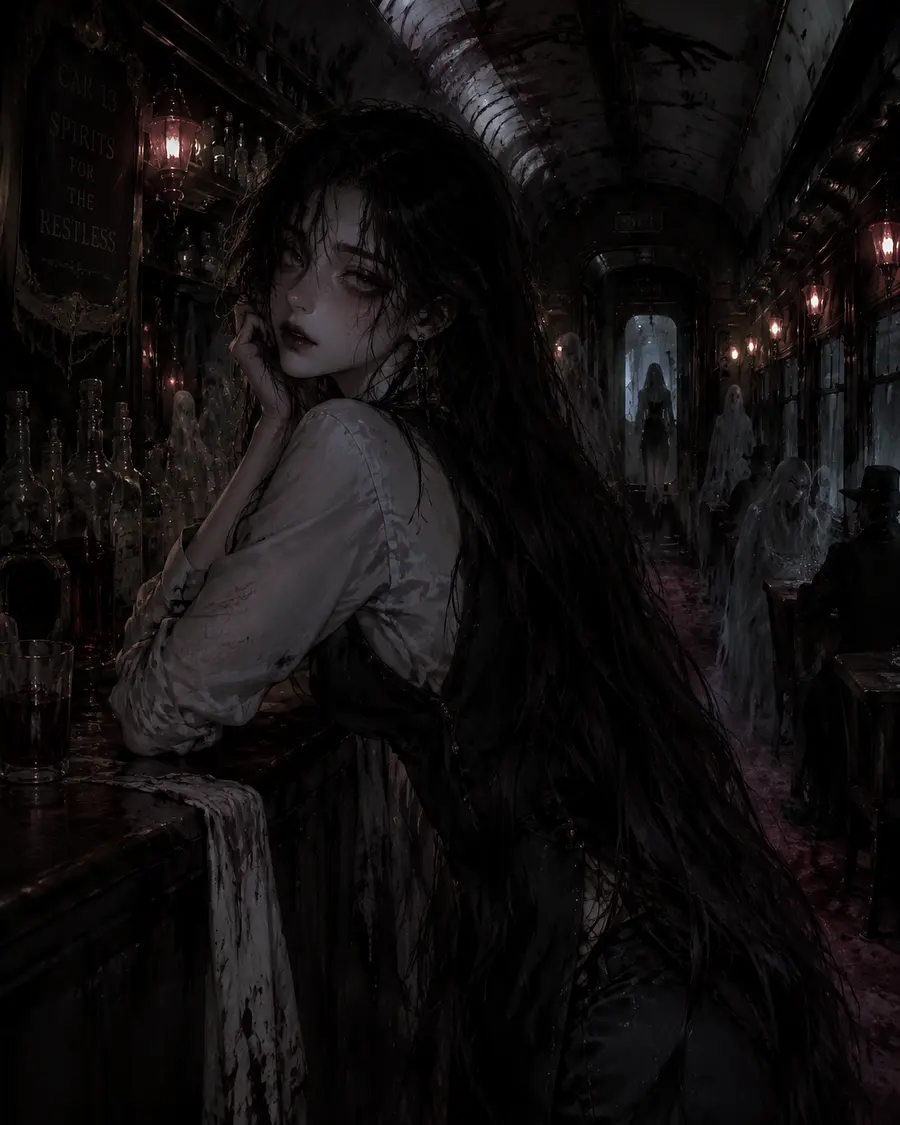 gpt-image-2 render: Create an image of a female character who is a bartender on an extremely haunted train and they h...