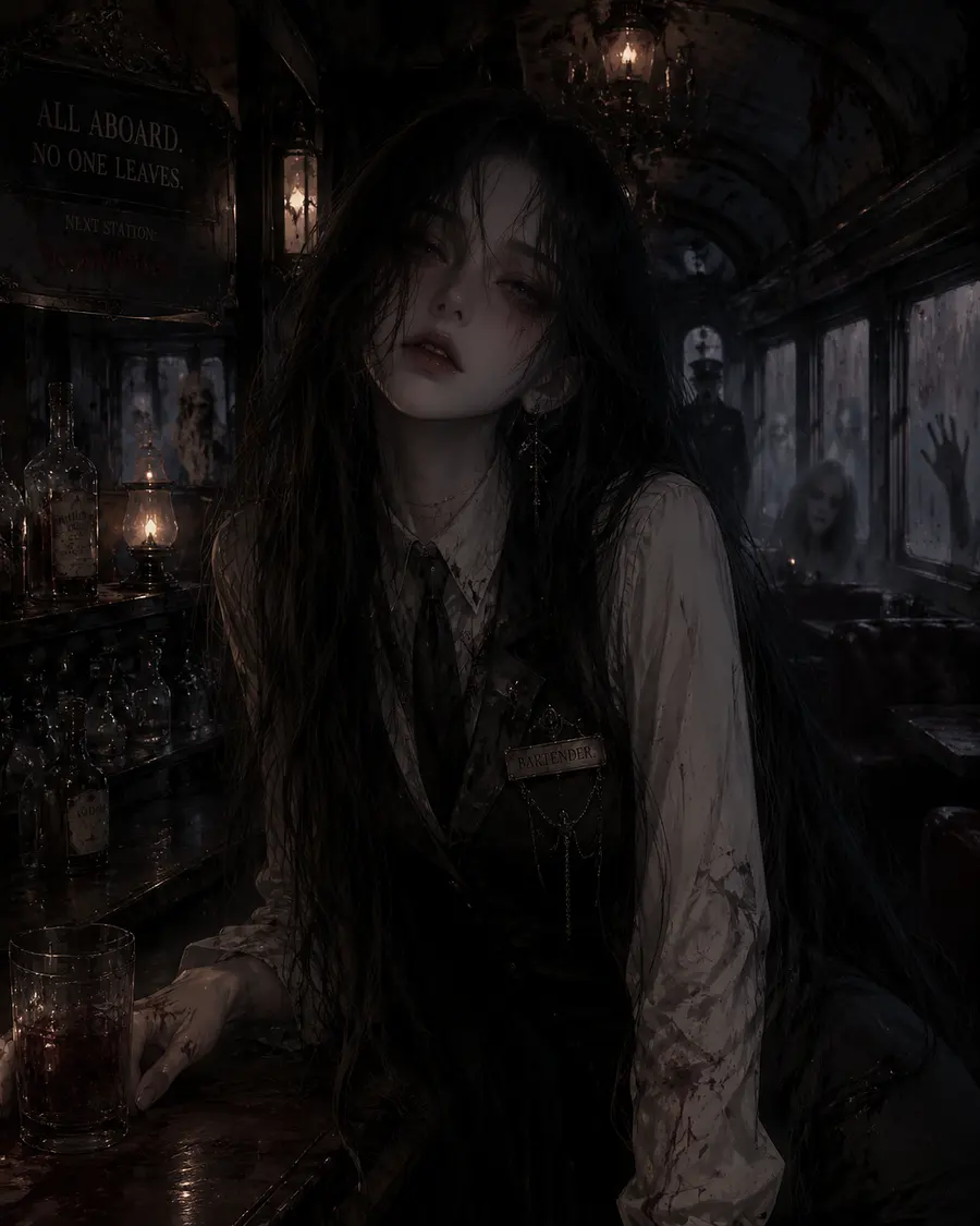 Create an image of a female character who is a bartender on an extremely haun...