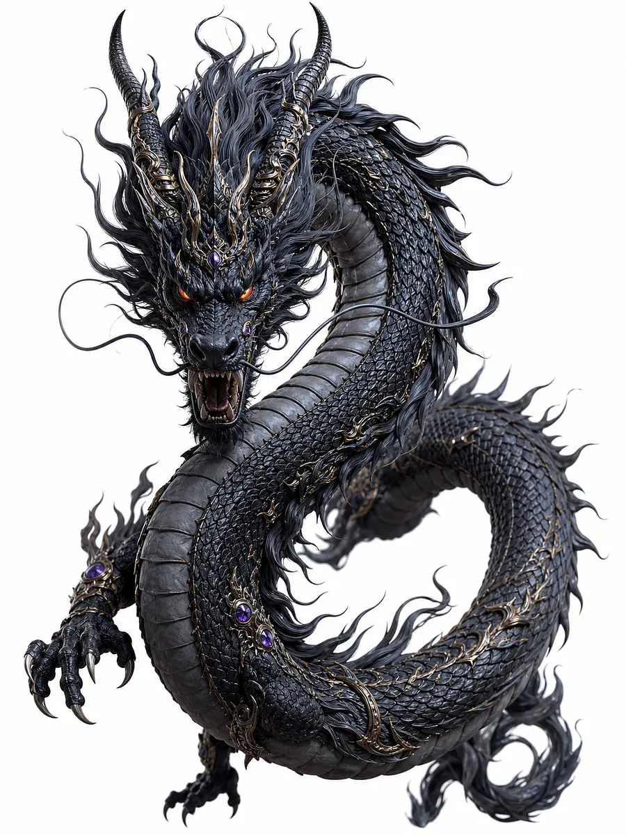黑龙兽，东方虚幻怪物。国漫3D修仙动画怪物图。纯白色背景。
