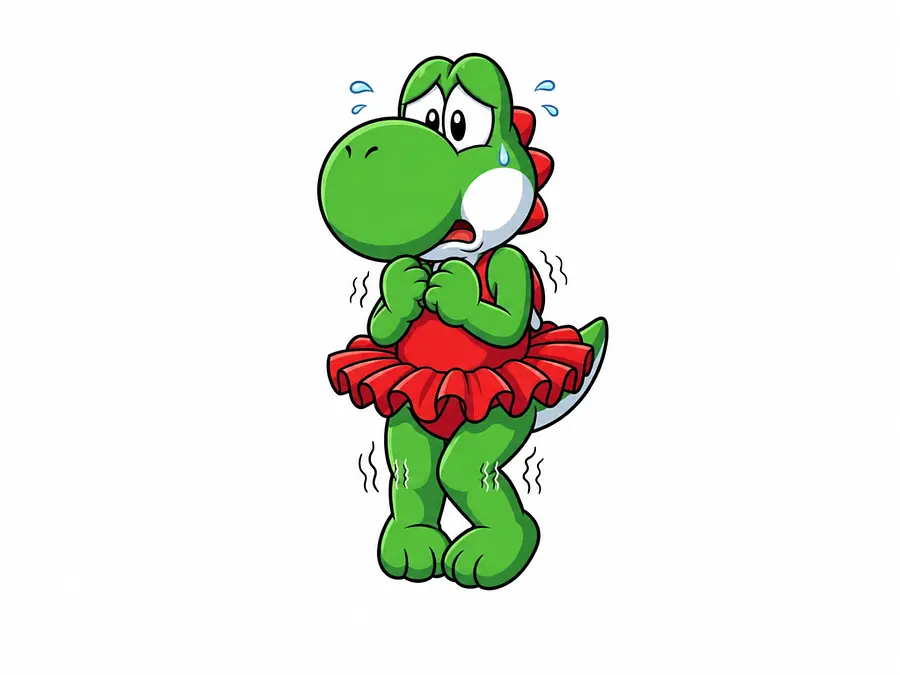 Yoshi’s knees are shaking and knocking nervously and is feeling scared.