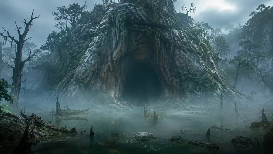 一片浓雾弥漫的幽暗沼泽，画面中心有一个天然山洞，山洞内隐约是通往深处的幽暗通道，白天，国漫3D修仙动画场景图，CG渲染，空镜头，广角镜头。