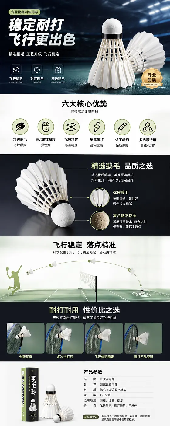 我需要长图，国内的淘宝详情页。商品是羽毛球