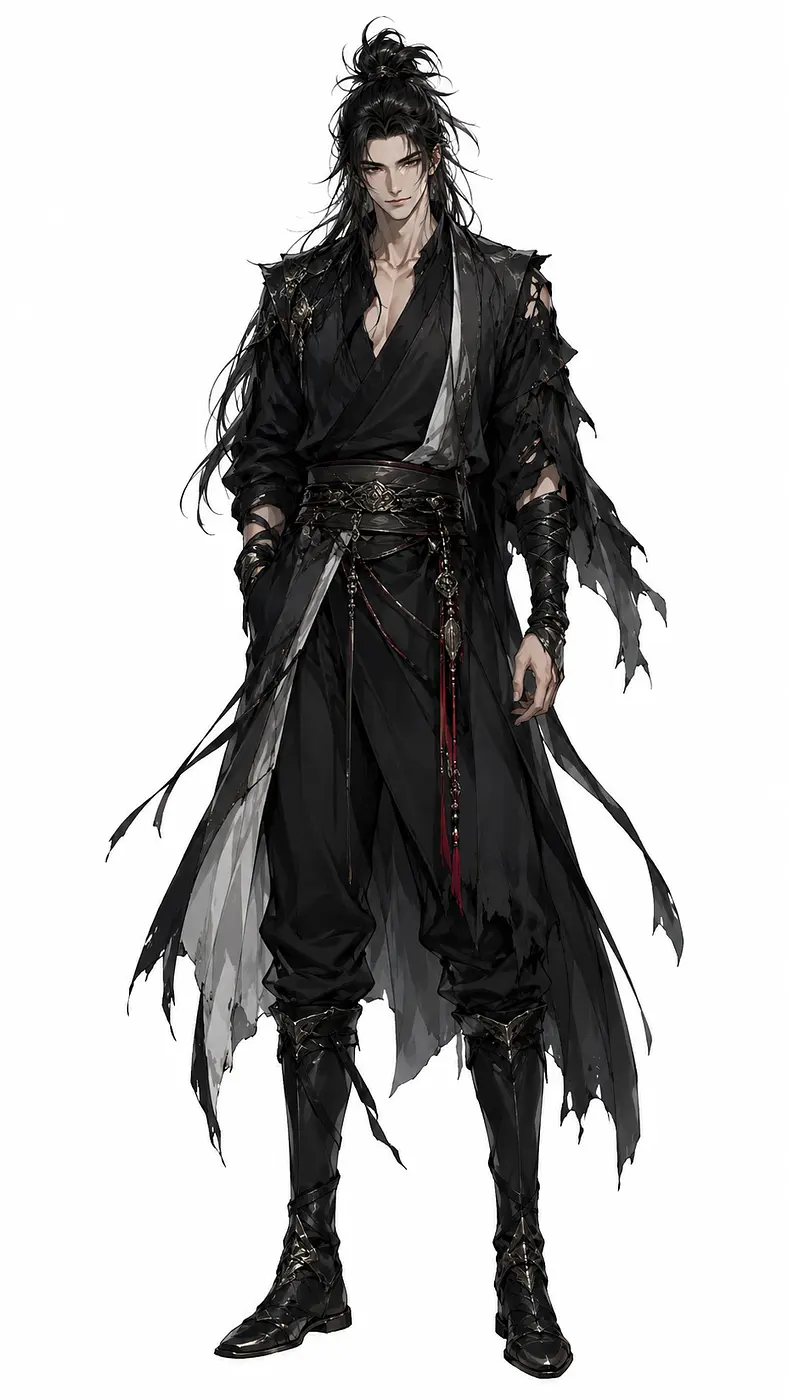 陈八荒，男主角，身材修长，面容带着几分痞帅，一身凌乱的东方古代黑色劲装，长发竖起，国漫2D修仙动画角色图，9头身比，全身像，正对镜头，纯白色背景。