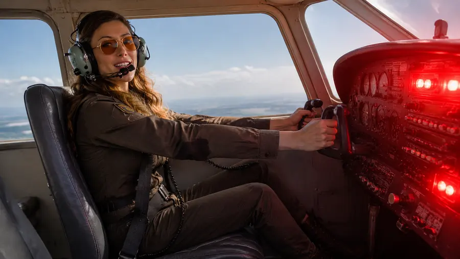 Generate a side view landscape image of this female pilot in a small private plane cockpit with h...