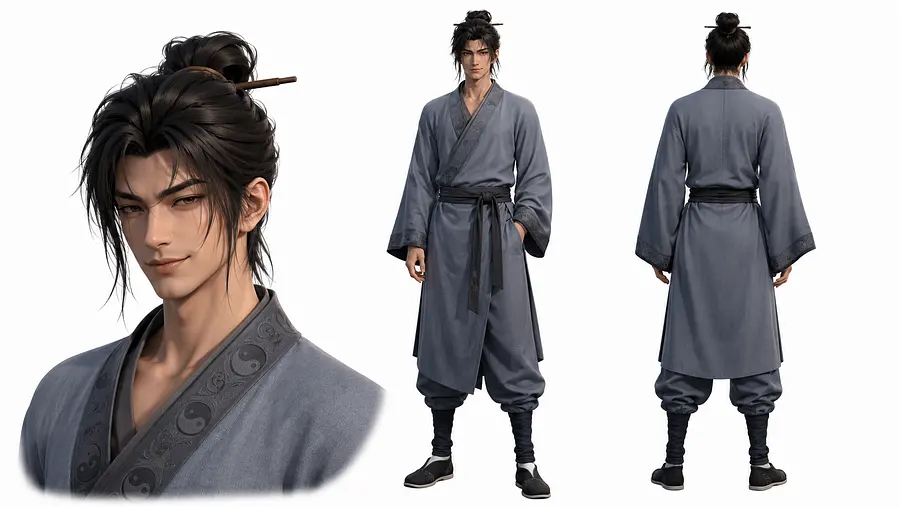 3D 国漫风格，20 岁年轻男性，身高 182cm，身形挺拔修长，肩宽腰窄，肌肉线条流畅不夸张，充满爆发力。剑眉星目，丹凤眼，眼神清澈锐利又带着一丝玩世不...