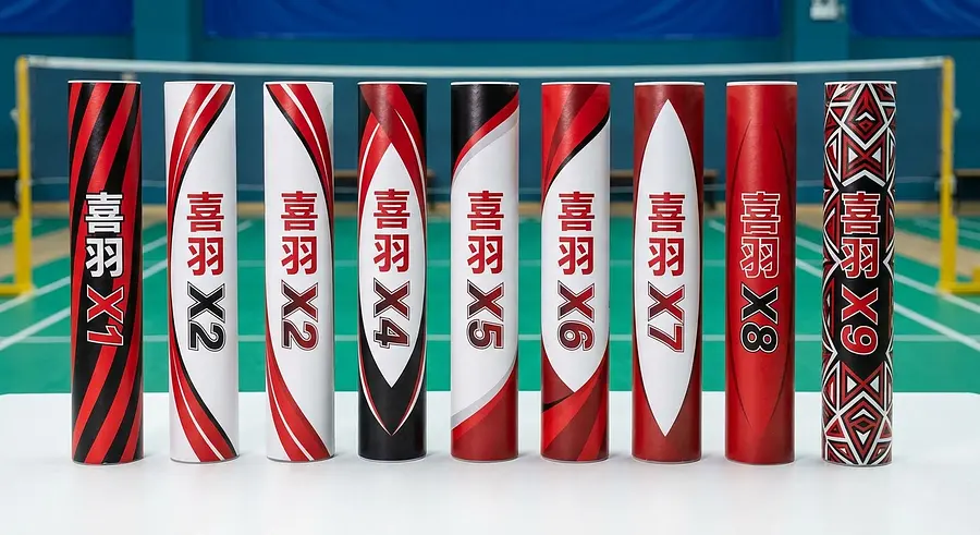 做一个羽毛球筒系列的外包装，型号是X1-X9，品牌叫喜羽。我希望是红白黑配色
