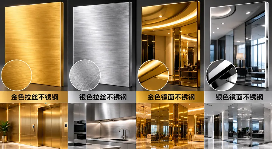 生成金色拉丝不锈钢，银色拉丝不锈钢，金色镜面不锈钢，银色镜面不锈钢的对比图