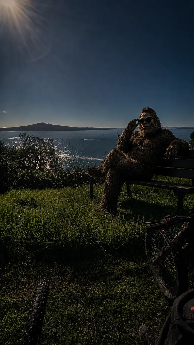 gpt-image-2 render: Make it darker and put sassy the sasquatch on a bench in it on the side