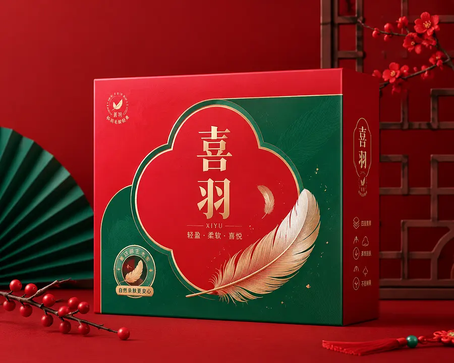 做一个喜羽的包装设计后，中国红和绿色为配色