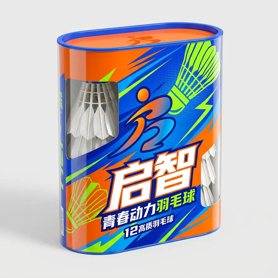 设计款看起来青春有活力带有运动元素的羽毛球包装，看见就想上手多看几眼的。品牌叫启智