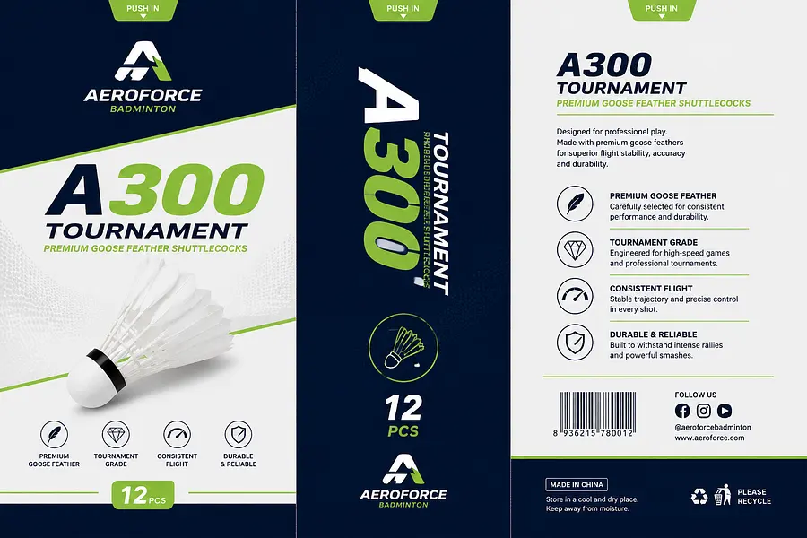 A 2D flat graphic design, unrolled label for a cylindrical badminton shuttlec...