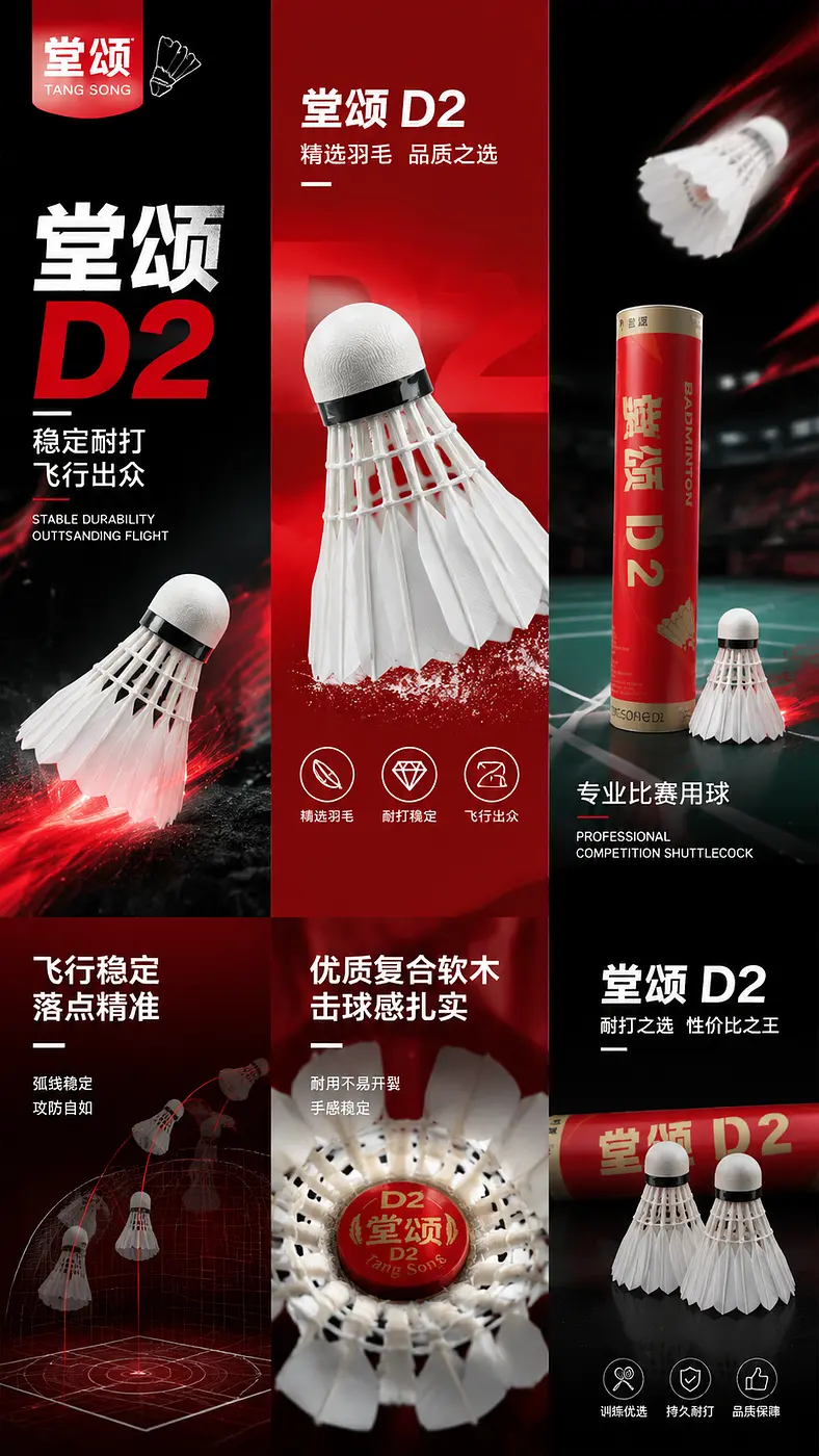 做五张网商店铺主图，主体配色红白黑。符合这个运动，品牌为堂颂，型号为D2，每个图片比例为一比一