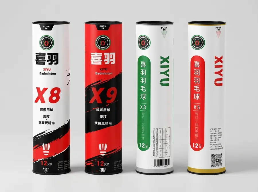 生成四个包装在羽毛球筒上的效果图，保持图片比例