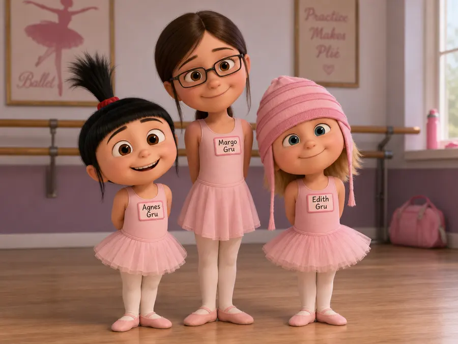Three little sisters named Agnes Gru, Margo Gru and Edith Gru standing togeth...