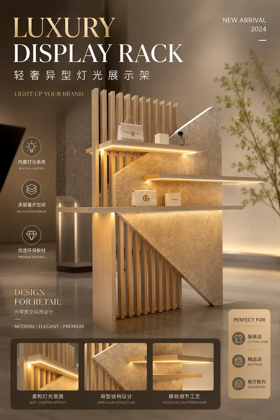 生成高端电商宣传海报，中英混合，异型灯光展示架。