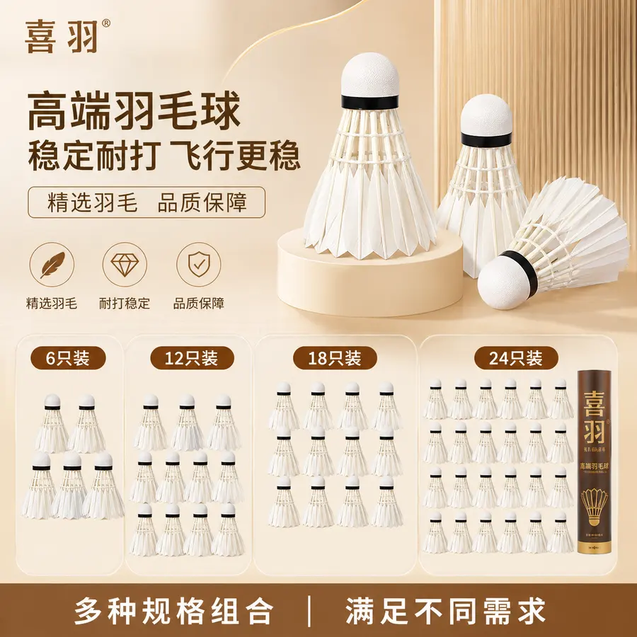 做高端电商主图，pdd用，品牌为喜羽。给羽毛球做不同的组合
、