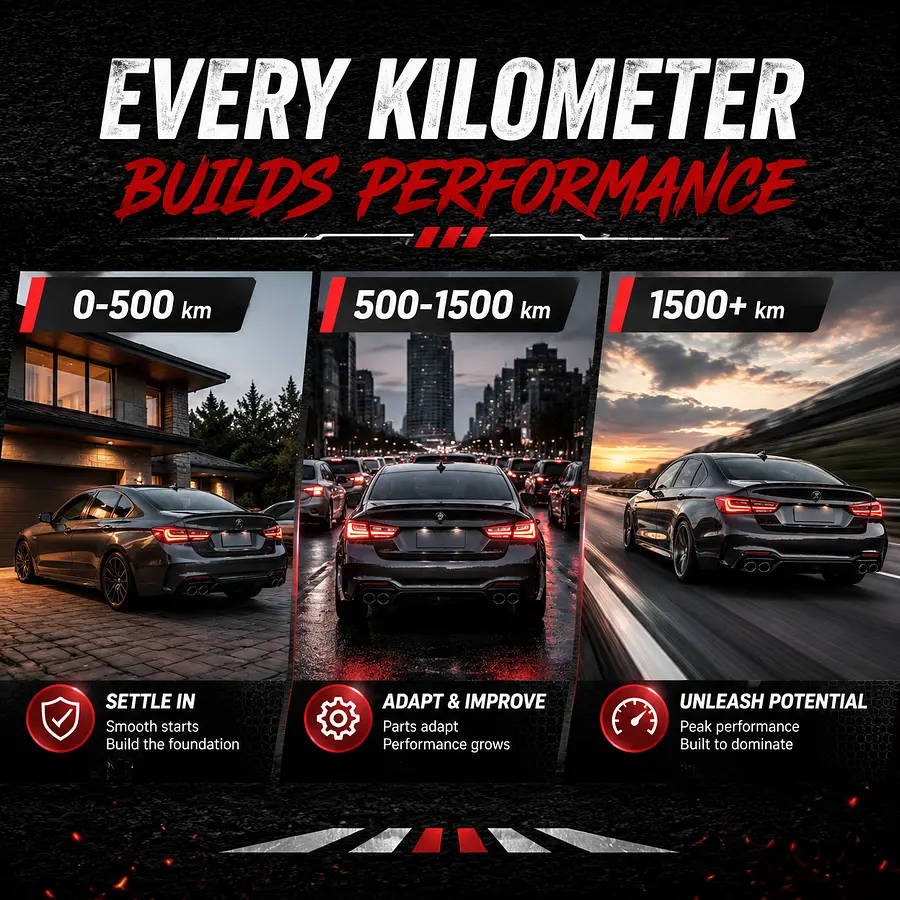 Square social media graphic, automotive theme, dark asphalt background. Three...