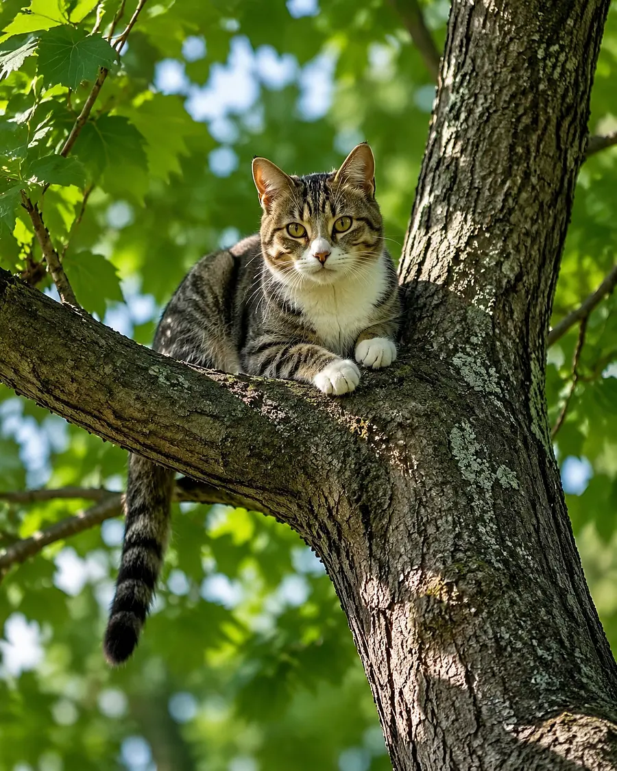 Cat in a Tree, Minimalist French Storybook Style