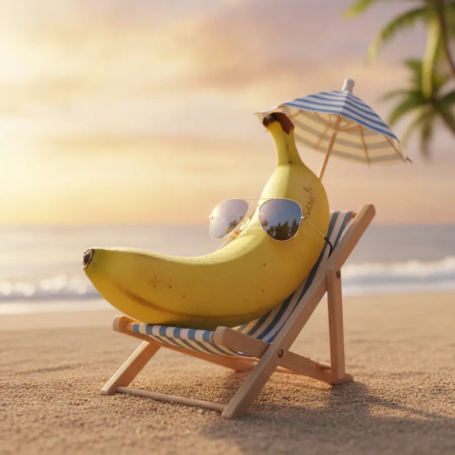 A ripe banana wearing tiny sunglasses, resting on a beach chair under a strip...
