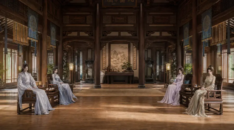 将参考人物融入场景中，其中图2黄衣女子和图4粉衣女子各坐于右侧两张椅子上，图3蓝衣女子和图5白衣男子各坐于左侧两张椅子上。人物大小比例适应场景。CG场景图...