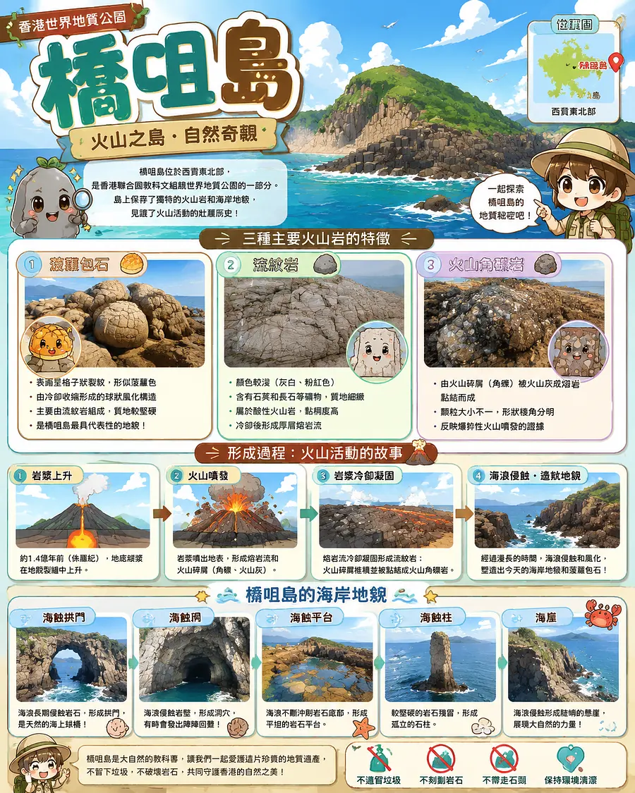 gpt-image-2 render: 給我生成一張關於香港橋咀島的海報。裏面要包括菠蘿包石，流紋岩，火山角礫岩的特徵以及形成過程。亦要有些橋咀島的海岸地貌，也要配上圖片說明。整體風格要清晰可愛動漫畫風