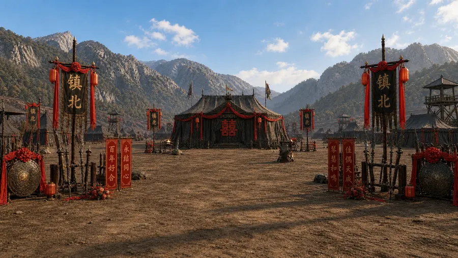 把帐帘放下挡住帐内场景，再把天气改为晴天，去掉地上的水渍，另外增加一些古代婚庆风格的场景装饰。不要做其他改动。