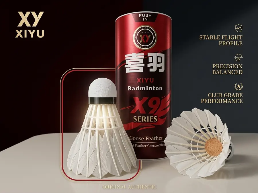 做电商主图，pdd用，品牌为喜羽，型号为X9 整体 红黑配色，这是鹅毛弯毛球，质量不是很好。注意词汇，我喜欢能做的更高端一点，多加入一些词汇