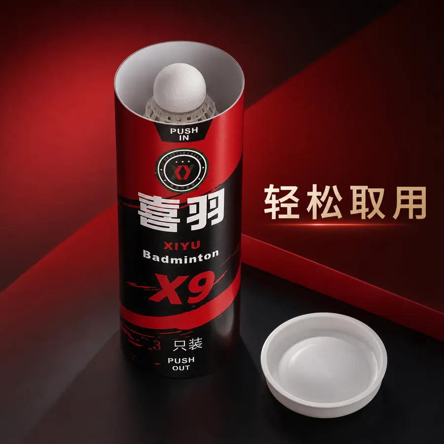 做电商主图，pdd用，品牌是喜羽，整体红黑柔光配色，图片合并使用，要高级高端。图片内容为打开羽毛球桶的盖子，要有打开的球桶和球桶盖子。包装盖子特写，文字介...