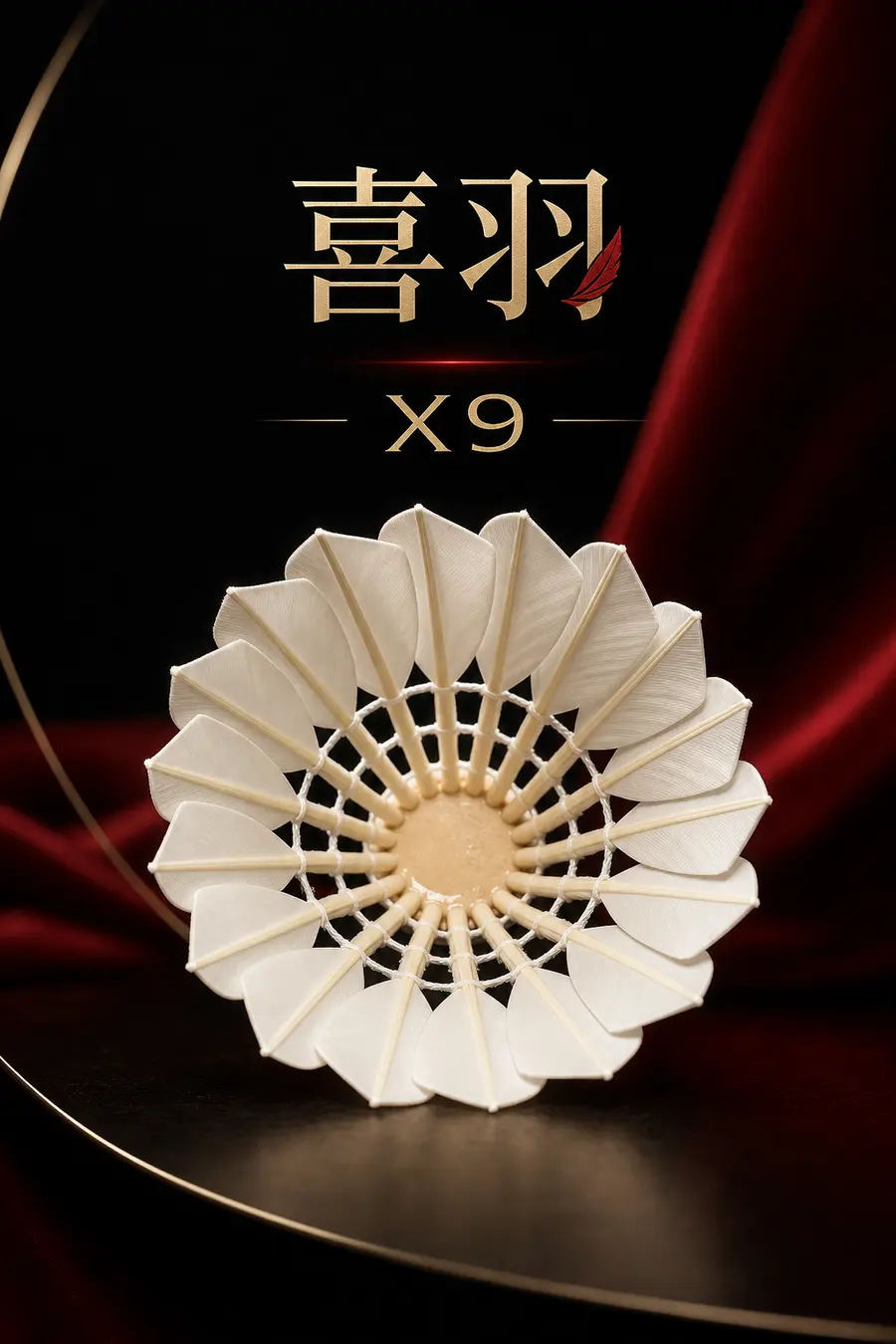 球头截面图品牌为喜羽，型号为X9 整体 红黑配色，这是鹅毛弯毛球，质量不是很好。注意词汇，我喜欢能做的更高端一点，文字要少，主要是16根羽毛