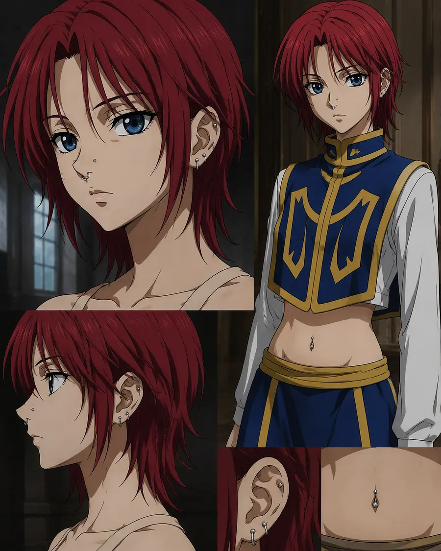 Hunter X Hunter Style Red-Haired Blue-Eyed Pierced Girl Portrait