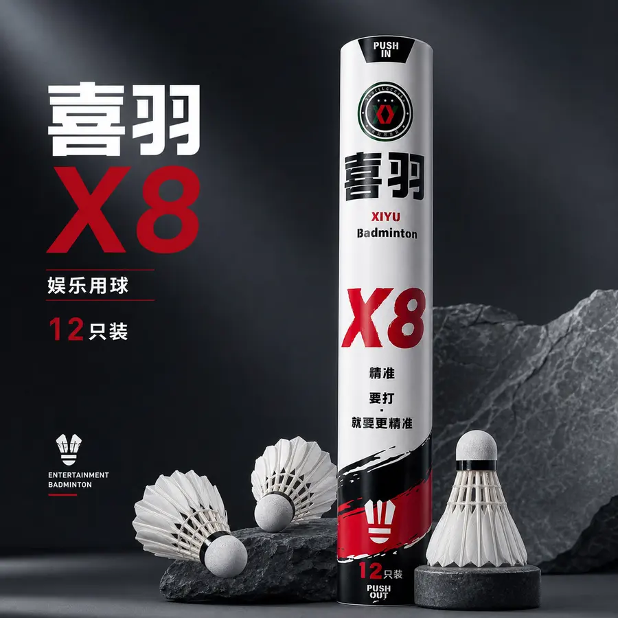 做高端电商主图，pdd用，品牌为喜羽，型号是X8,12只装，娱乐用球。帮我设计一张商业用途，图片底色为冷白柔光黑红白配色，要高端简洁，图片背景不要纯白，要...