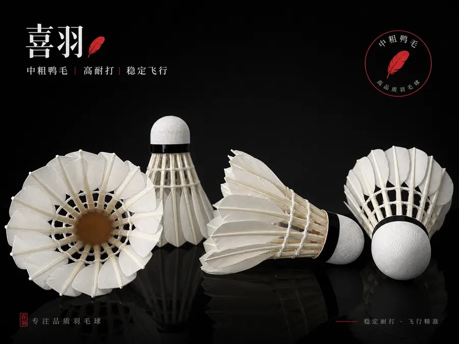 商品主图，图片上的物品布局和和角度不变，图片为冷白柔光黑白红配色，重点突出羽毛球，羽毛球的羽毛要清晰，图片要有设计点，有高端专业，品牌是喜羽，羽毛为中粗鸭...