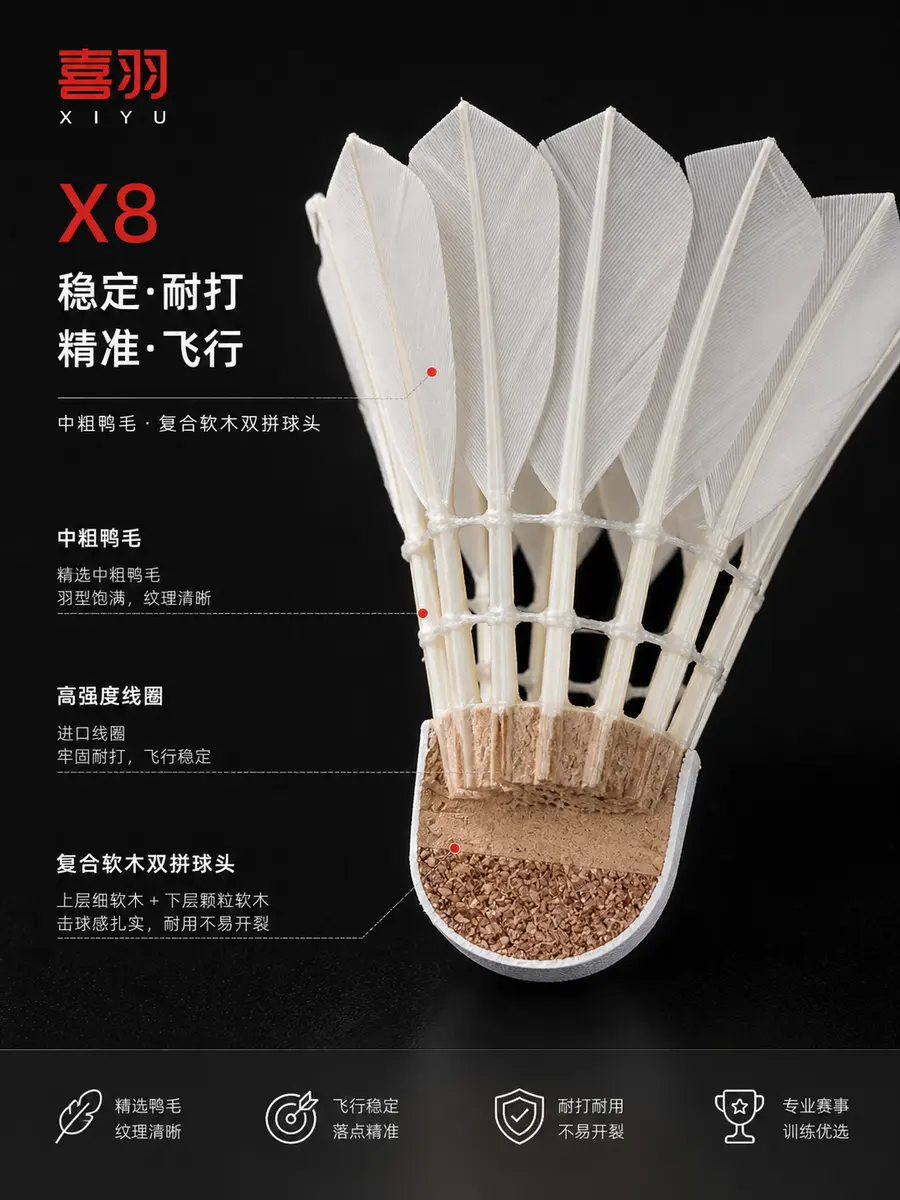 球面截面图，注意词汇不要太夸张，为冷白柔光黑白红配色，羽毛球的羽毛要清晰，图片要高端专业，品牌是喜羽，X8型号，羽毛为中粗鸭毛，复合软木双拼球头，背景要深...
