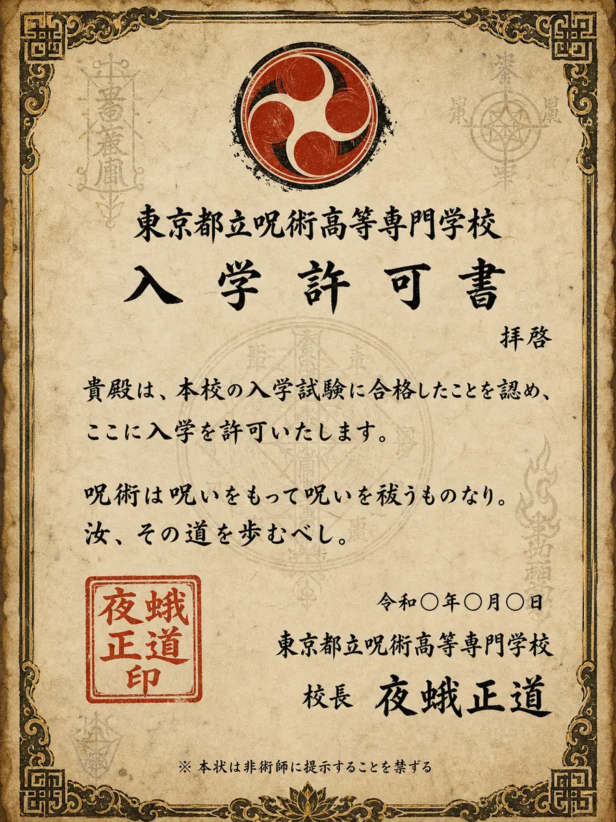 請生成一張「東京都立咒術高等專門學校」的正式錄取通知書，風格為日本傳統和風古紙質感。

【視覺風格】
- 底色：暖米白／淺褐色，仿舊羊皮紙質感，邊緣...