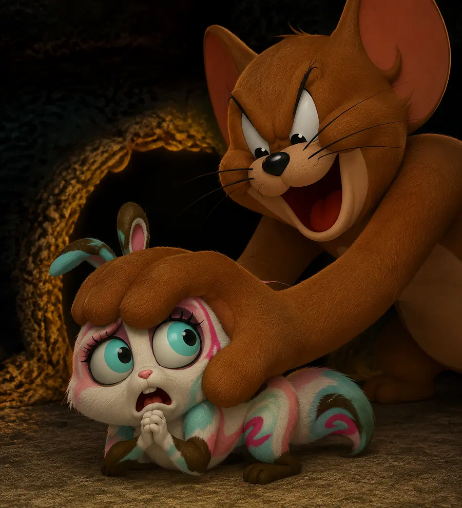 gpt-image-2 render: And crawls into its hole. Jerry The mouse does the MGM lion roar, making Dar Dar get very scared....