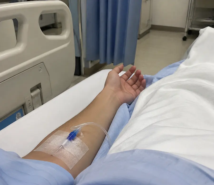 Make it look like I’m in the hospital with hand out and needle is put on my arm