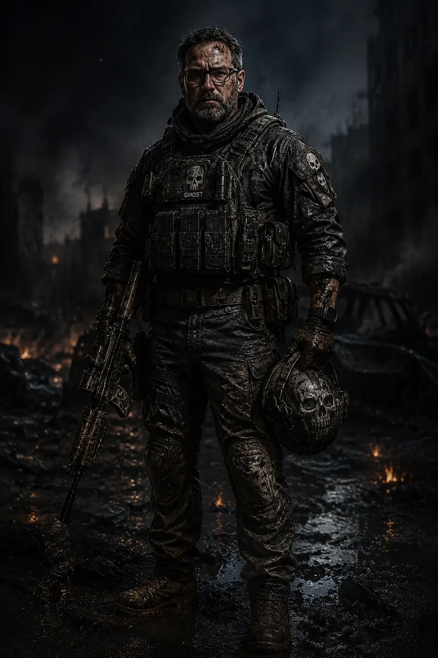 Soldat Bild ganzer körper mit waffe nach einsatz dreckig und in vollschutz
Ghost Kommando