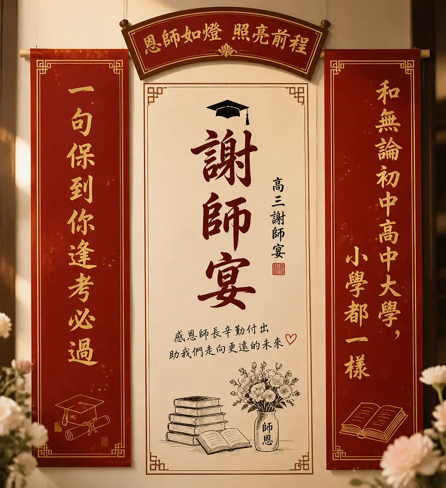 用這一句句子「一句保到你逢考必過，和無論初中高中大學，小學都一樣」有關高三謝師宴的對聯句子