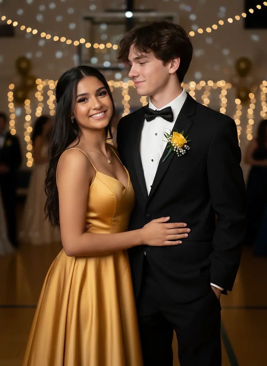 Make a prom couples photo using these references photos of my faceclaims. Put the girl in a yello...