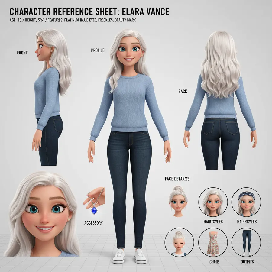Create a high-quality **3D animated character reference sheet** for a recurring female character ...