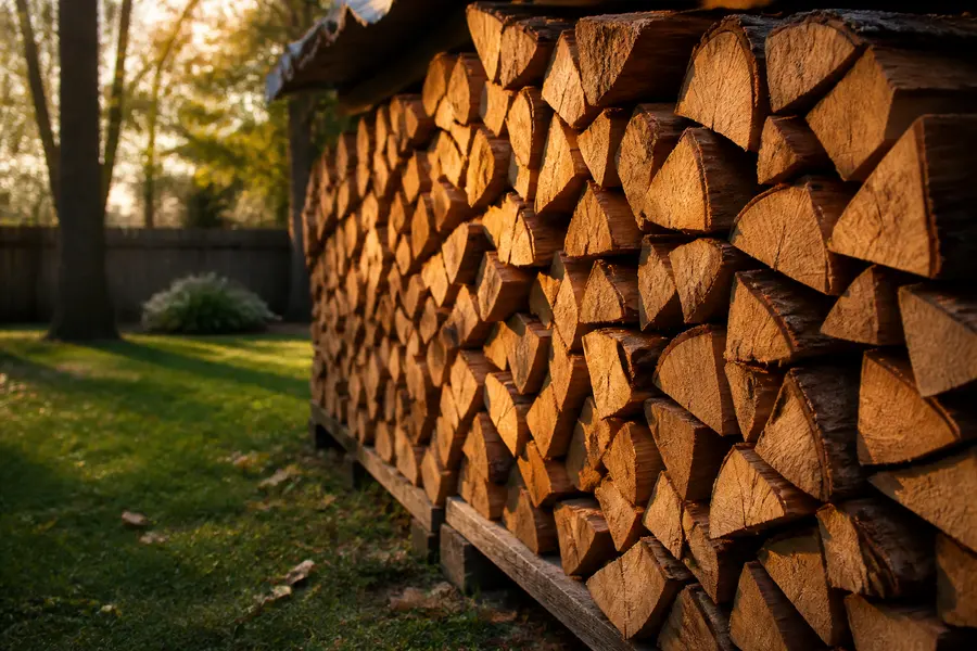 A neat, tightly-stacked cord of dry split firewood in a backyard, late-aftern...