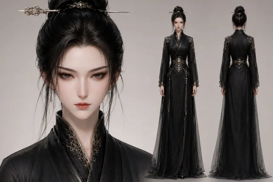 保持多视图构图不变，人物体型比例不变，将人物转绘为，3D次时代CG角色渲染，致精细的次世代3D动漫与游戏CG写实渲染风格，伦勃朗光，中性光源，人物肤色白皙...