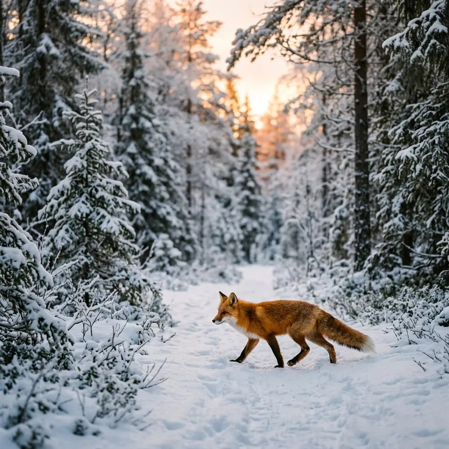 A small red fox in a snowy pine forest at sunrise, cinematic editorial photography