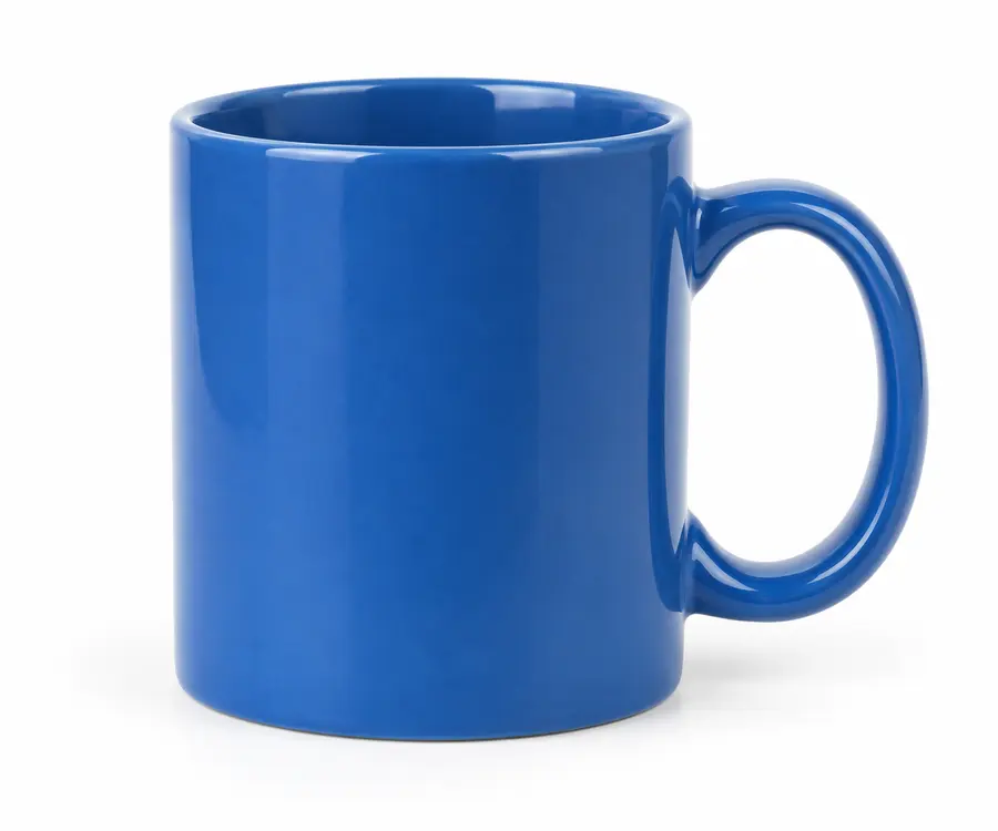 A simple blue ceramic mug on a white studio background, product photography, ...
