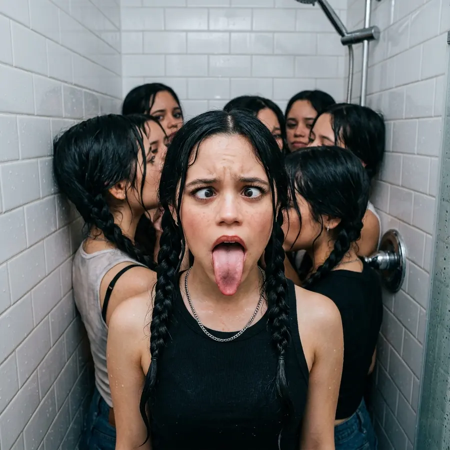 a small shower full of jenna ortegas. she has black braided pigtails hair. sh...