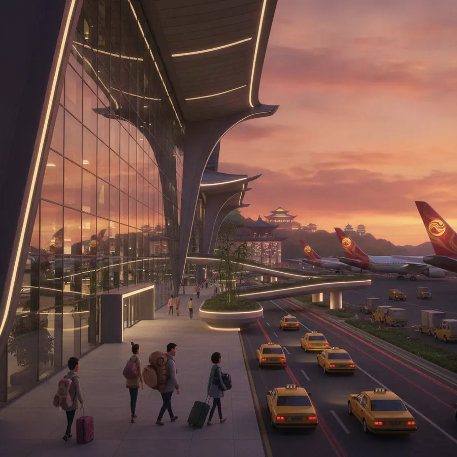 Exterior of a modern Chinese international airport terminal at dusk, in 3D CG...