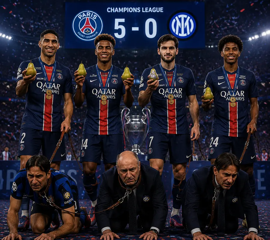 gpt-image-2 render: Hakimi 
D. Doue 
Khvicha Kvaratskhelia 
Senny Mayulu  con i vestiti del psg che hanno vinto la...