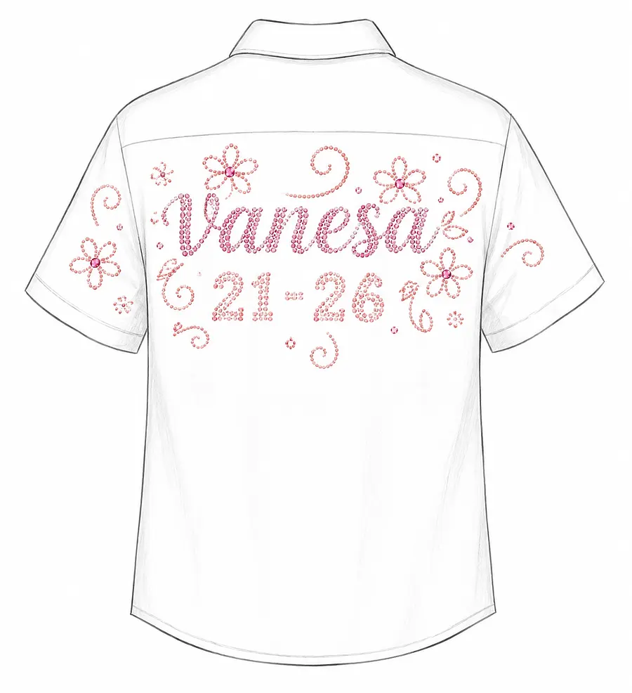 white leavers button down shirt with on the back the name vanesa written in cursive with 21-26 un...