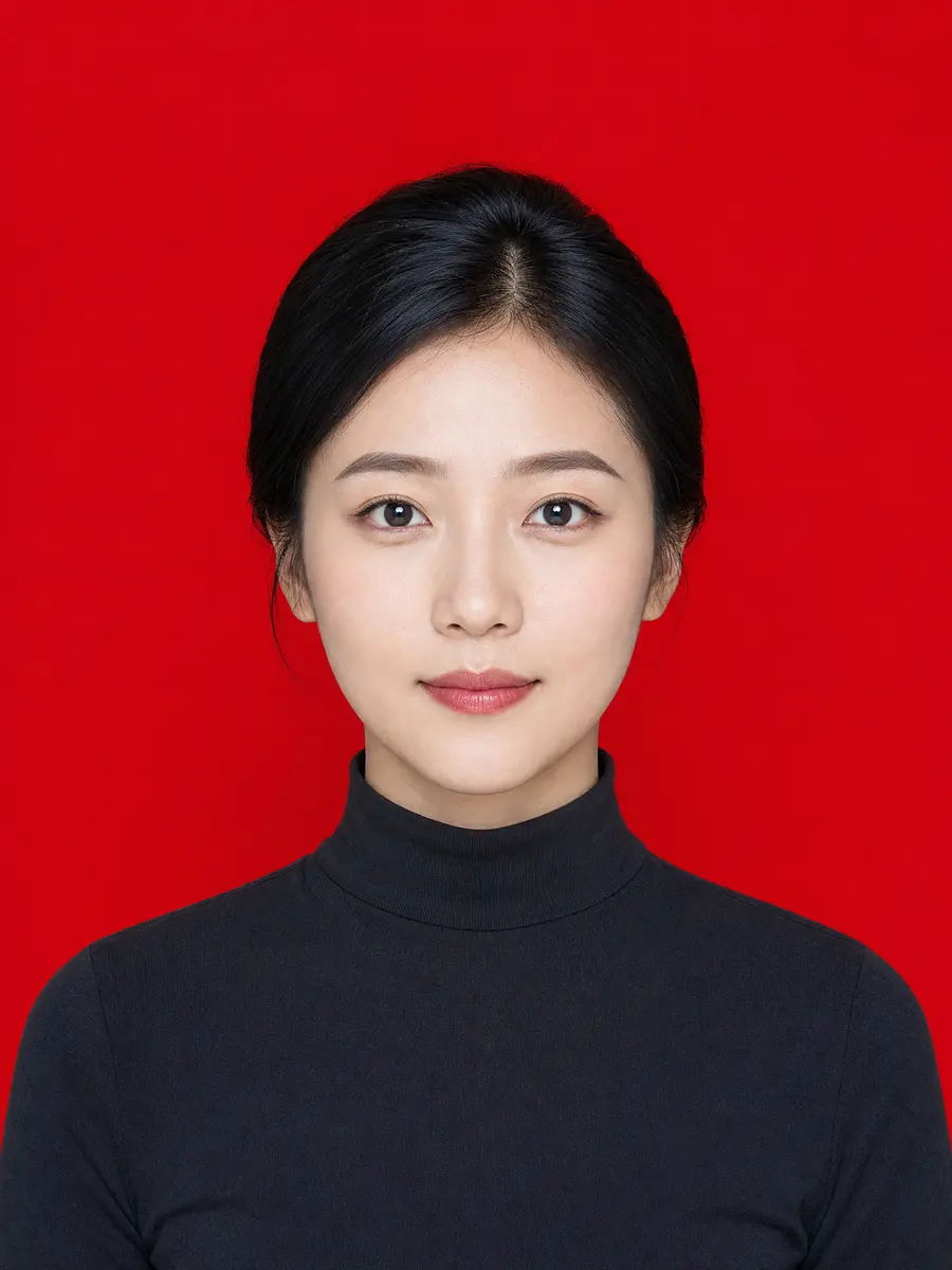 中国人，专业登记照，腹部以上位置入镜，高分辨率，8K超清画质，极致打光效果，完美照明，均匀柔和光线，年轻美丽女子，法式低盘发，无阴影面部，清晰五官轮廓，细腻皮肤质感，自然肤色还原，雪白肌肤，正面...